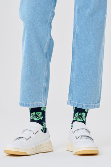 Happy Socks - Hibiskus Çiçek Desenli Yeşil Pamuklu Kadın Çorap