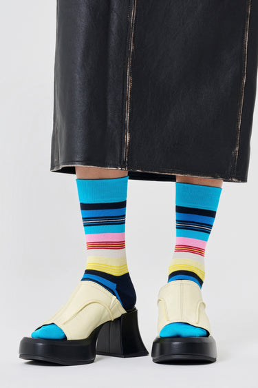 Happy Socks - Mavi Çok Renkli Çizgili Desenli Pamuklu Kadın Çorap